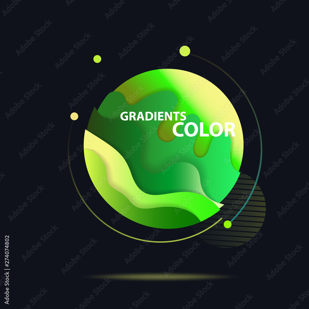 Poster abstract colorful circle. gradient in sphere of yellow and green. round shape with orbit on black ba
