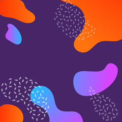 Abstract graphic elements. Blue, purple and orange colors in neon style. Flux dotted forms, flowing liquid shapes, splashes on violet background. Vector template for prints, poster, flyer design