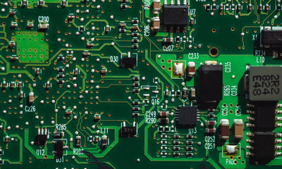 Macro photo of laptop microcircuits close up