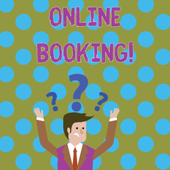 Handwriting text writing Online Booking. Conceptual photo tool used to analysisage business travel through internet Confused Businessman Raising Both Arms with Question Marks Above his Head