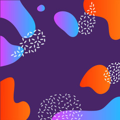 Abstract graphic elements. Purple, blue and orange colors. Flux forms, flowing liquid drop shapes on violet background. Vector template for prints, poster, flyer design