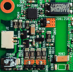 Macro photo of laptop microcircuits close up