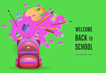 Welcome back to school lettering and stationery. Offer or sale advertising design. Typed text, calligraphy. For leaflets, brochures, invitations, posters or banners.