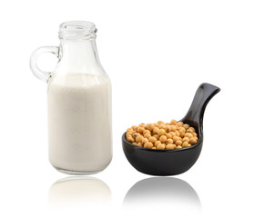 soy beans , soy milk in glass bottle isolated on white background