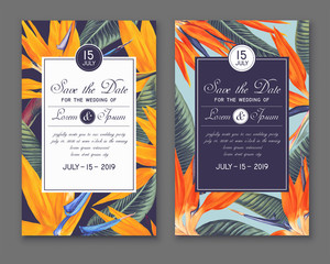Wedding or party invitation template. Save the Date cards with Strelitzia Reginae, called bird of paradise. Hand drawn, tropical botanical design in realistic style. Vector art for party decoration.