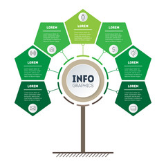 Business presentation concept with 7 points, parts, steps or processes. Vertical Timeline info graphics. Tree of development and growth of the eco business. Infographic of tendencies.