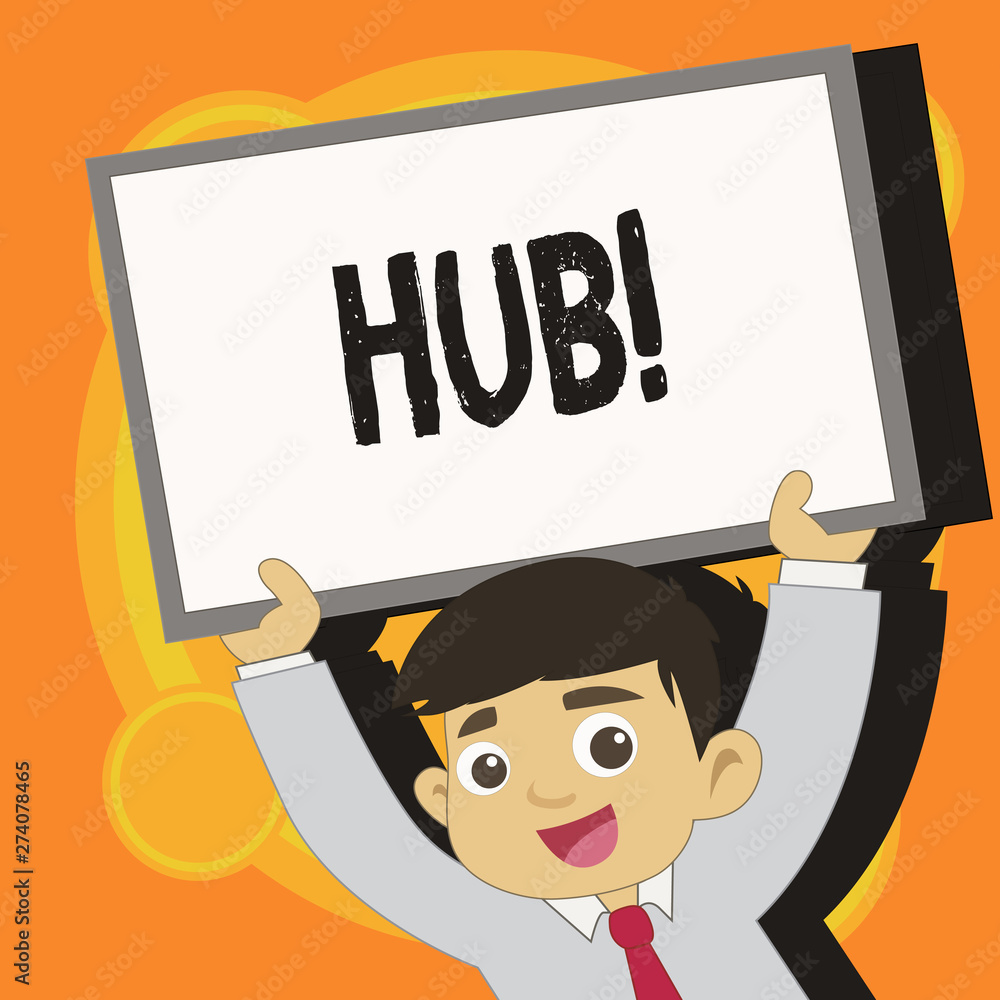 Poster writing note showing hub. business photo showcasing device connecting computers center of wheel acti