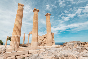 Travel landmarks and archeological sites. Great view of Acropolis ruins in Lindos at the Rhodes...