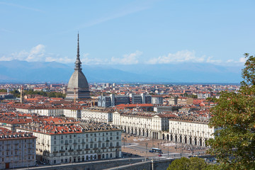 Fototapeta na wymiar Turin rooftops, Vittorio square and Mole Antonelliana tower in a sunny summer day in Italy
