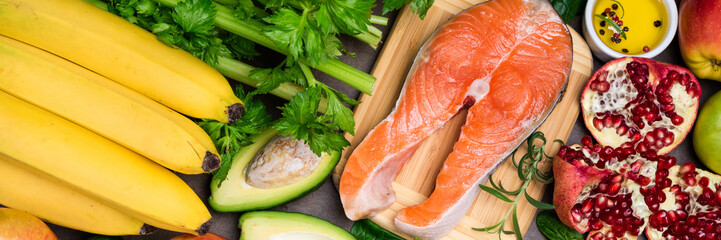 Background healthy food for heart. Healthy food, diet and healthy life concept. Long format