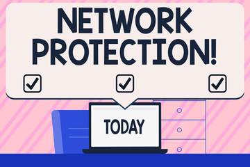 Conceptual hand writing showing Network Protection. Concept meaning protect the usability and integrity of the network Blank Huge Speech Bubble Pointing to the White Laptop Screen