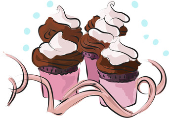 Cupcakes with sour cream and cherries. Poster with illustration of homemade sweets