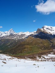 Fototapeta na wymiar View of the Matterhorn in the Italian Alps near the village of Chamois, Valle d'aosta, Italy - June 2019.