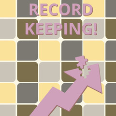 Word writing text Record Keeping. Business photo showcasing The activity or occupation of keeping records or accounts Colorful Arrow Pointing Upward with Detached Part Like Jigsaw Puzzle Piece