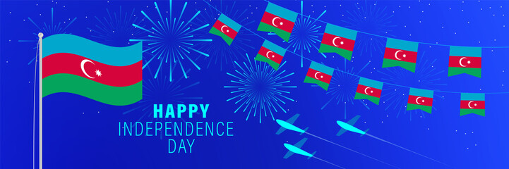 May 28 Azerbaijan Independence Day greeting card. Celebration background with fireworks, flags, flagpole and text.