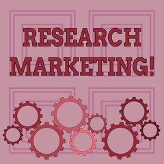 Fototapeta premium Handwriting text writing Research Marketing. Conceptual photo process of gathering and interpreting info about a market Colorful Cog Wheel Gear Engaging, Interlocking and Tesselating Flat Style