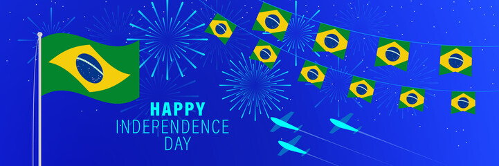 September 7 Brazil Independence Day greeting card. Celebration background with fireworks, flags, flagpole and text.