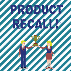 Handwriting text writing Product Recall. Conceptual photo process of retrieving potentially unsafe goods from consumers Man and Woman in Business Suit Holding Together the Championship Trophy Cup