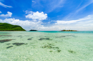 Fototapeta na wymiar beautiful clear blue sea water on the beach paradise ocean. vacation background on summer in Thailand coast.