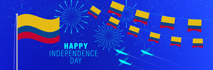 July 20 Colombia Independence Day greeting card. Celebration background with fireworks, flags, flagpole and text.