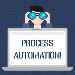 Handwriting text Process Automation. Conceptual photo the use of digital technology to perform a process Man Holding and Looking into Binocular Behind Open Blank Space Laptop Screen