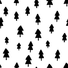 Fototapeta premium Hand Draw Christmas Tree Seamless Pattern in Doodle style. Vector Monochrome Endless Background of Christmas Trees isolated on white background. Template for Postcards, packaging, printing on fabric