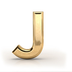 Golden font, letter J, 3d render, gold metal texture,  on white background