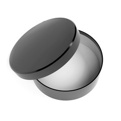Round box. Open black carton with lid. 3d rendering illustration