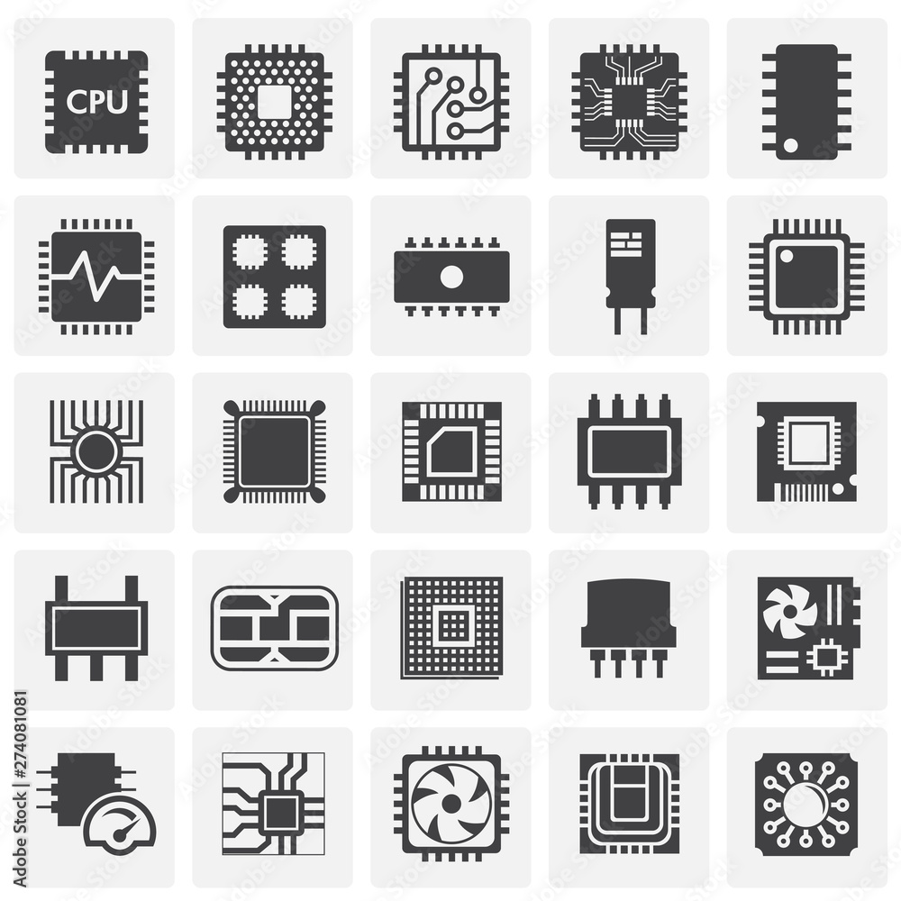Poster computer chip related icons set on background for graphic and web design. simple illustration. inter