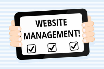 Writing note showing Website Management. Business concept for control of the hardware and software used in a website Color Tablet Smartphone with Screen Handheld Back of Gadget
