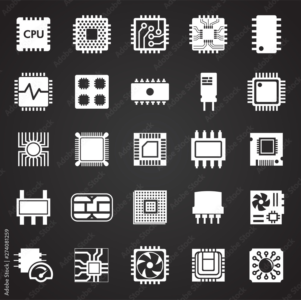 Poster computer chip related icons set on background for graphic and web design. simple illustration. inter