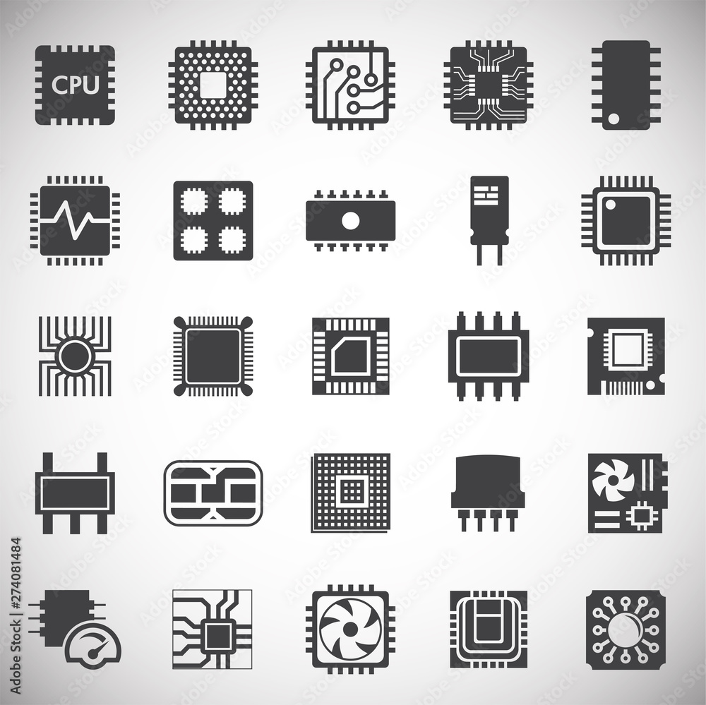 Poster computer chip related icons set on background for graphic and web design. simple illustration. inter