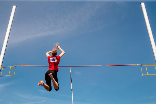 Pole Vault Woman Vaulter Successful Attempt In Competition Athletics