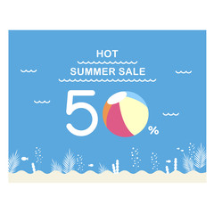 Vector illustration of summer event for sea, marine life, marine plant, water plant, beach ball, wave, fish, summer, event, sale, special price, coupon, discount, popup, background.