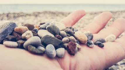 A scattering of sea pebbles in the palm against the background of the sea