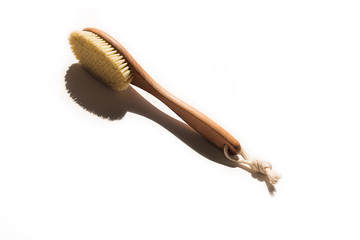 Spa organic brush for dry massage. Cactus brush. Anti-cellulite massage. Spa beauty concept.Spa organic brush for dry massage on white background with copy space. Cactus brush. Anti-cellulite massage.