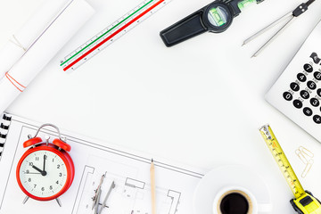 Interior designer table workplace with house plan