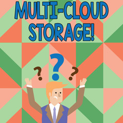 Text sign showing Multi Cloud Storage. Business photo showcasing use of multiple cloud computing and storage services Confused Businessman Raising Both Arms with Question Marks Above his Head