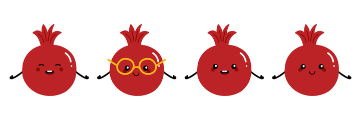 Set, collection of cute and smiling cartoon style pomegranate characters for cooking, healthy and vegan lifestyle design.