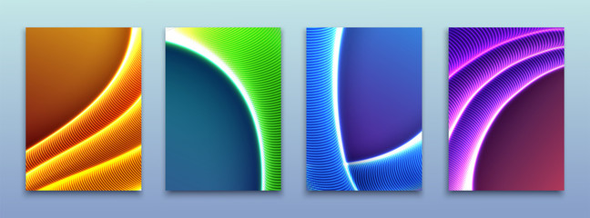 Set of colorful covers, glowing neon shapes flow. Vector flyer design.