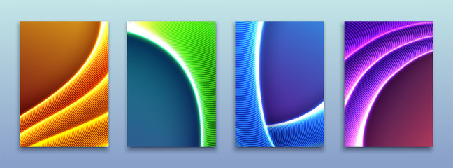 Naklejka premium Set of colorful covers, glowing neon shapes flow. Vector flyer design.