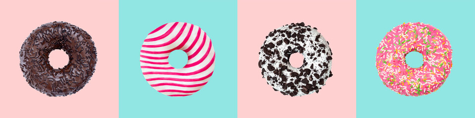 Glazed donuts on modern cool background. Set of bakery for flyers, banners, posters. Collection for ads kids caffee menu. Donut banner with different flavours