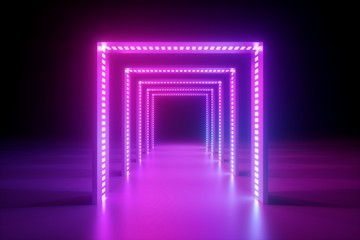 3d render, abstract neon background, fashion podium in ultraviolet light, performance stage decoration, illuminated night club corridor with square arcade