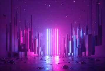 Foto op Plexiglas Violet 3d abstracte neonachtergrond, gloeiende ultraviolette verticale lijnen, cyberruimte, stedelijke scène in virtuele werkelijkheid, lege straat in fantastische stadswolkenkrabbers onder de nachtelijke hemel, post-apocalyptisch concept