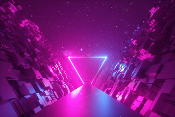 3d abstracte neonachtergrond, gloeiend driehoekig portaal in cyberruimte, driehoekige vorm, fantastische scène in virtual reality, weg tussen muren van blokken onder de nachtelijke hemel