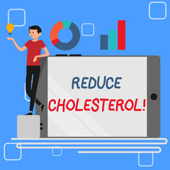 Handwriting text Reduce Cholesterol. Conceptual photo lessen the intake of saturated fats in the diet Man Leaning on Blank Smartphone Turned on Its Side with Graph and Idea Icon