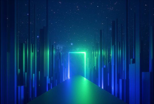 3d abstract neon background, glowing rectangular portal, vertical lines in cyber space, urban scene in virtual reality, empty road in fantastic emerald city, skyscrapers under the night sky