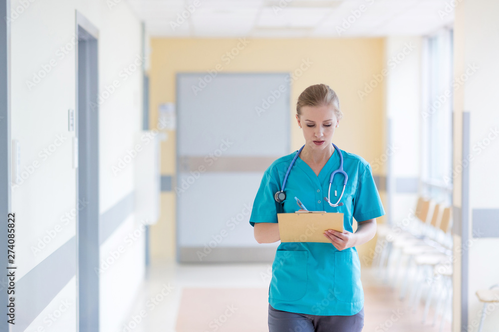 Sticker portrait of a young female doctor in hospital