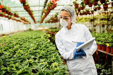 Botanist taking notes while monitoring the development of plants in a greenhouse.