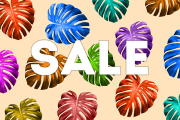 Summer sale banner with tropical colorful leaves, bright design. Fashionable modern style. Template for banner, poster, card, flyer, postcard, cover, brochure.